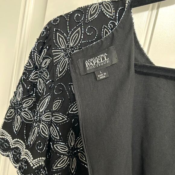 Adrianna Papell Silk Beaded Top L Black Evening Cocktail Scalloped Hem Formal - Picture 10 of 16